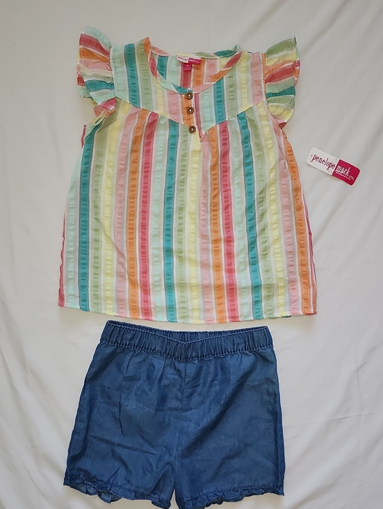 Penelope Mack Other - NWT Penelope Mack Girls Rainbow Striped Flutter Sleeve Top & Denim Shorts Set 10